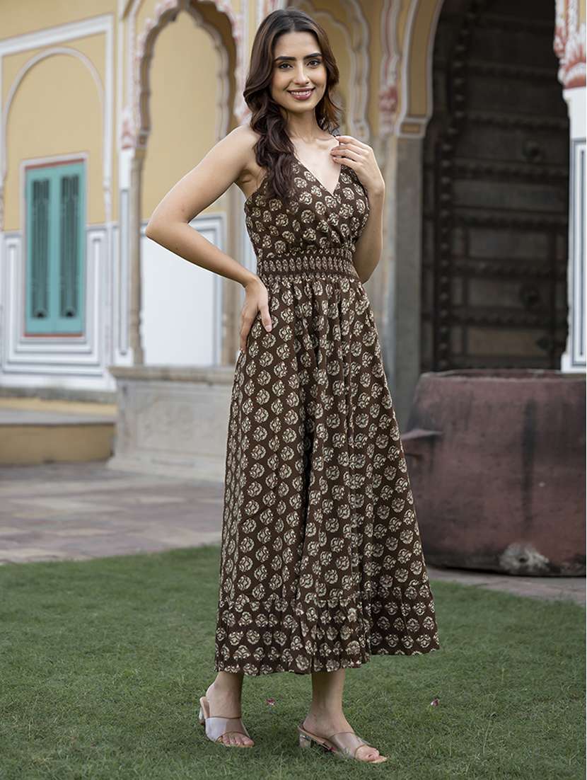 women blue printed sleeveless flared ethnic dress - 21613803 -  Standard Image - 1