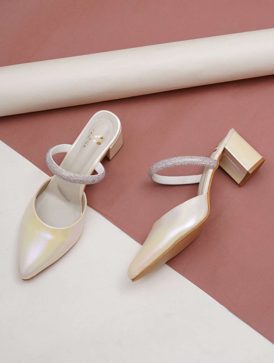 women gold block heel mules