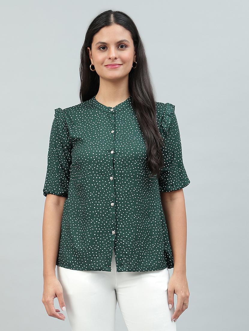 women polka dots printed short sleeves shirt style top - 21613876 -  Zoom Image - 0