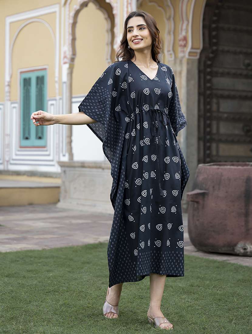 women blue printed v neck kaftan ethnic dress - 21613933 -  Standard Image - 1