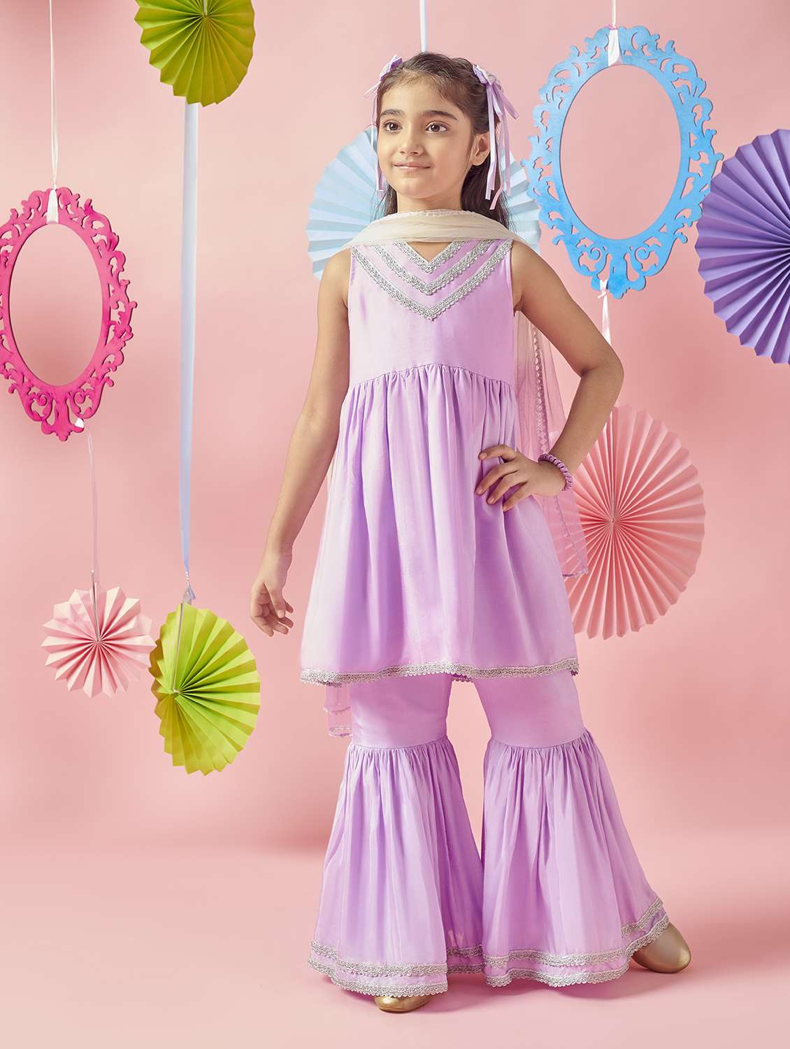 girls solid with work festive wear ethnic set