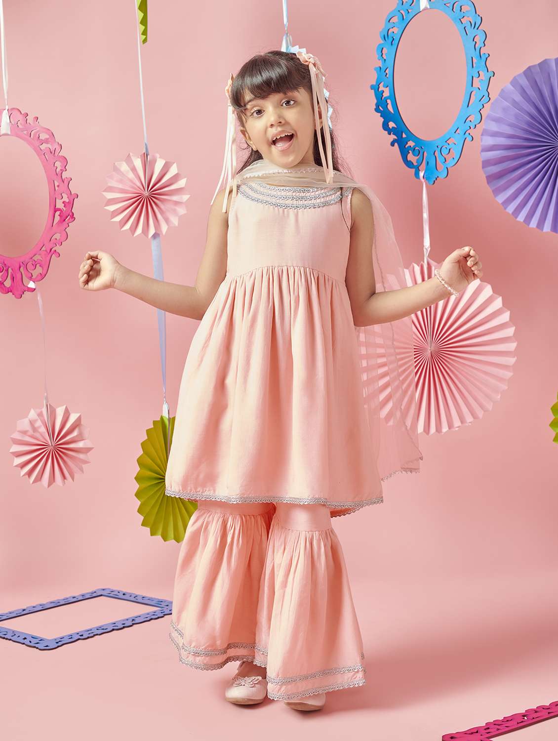 girls solid with work festive wear ethnic set