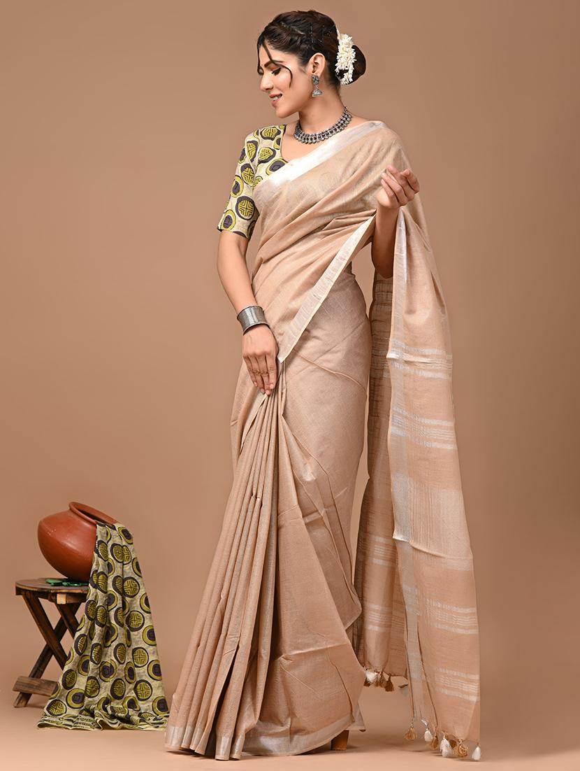 women solid handloom saree with blouse - 21613985 - Standard Image - 1
