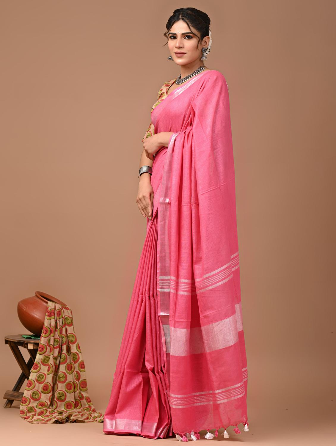 women solid handloom saree with blouse - 21613989 - Standard Image - 1