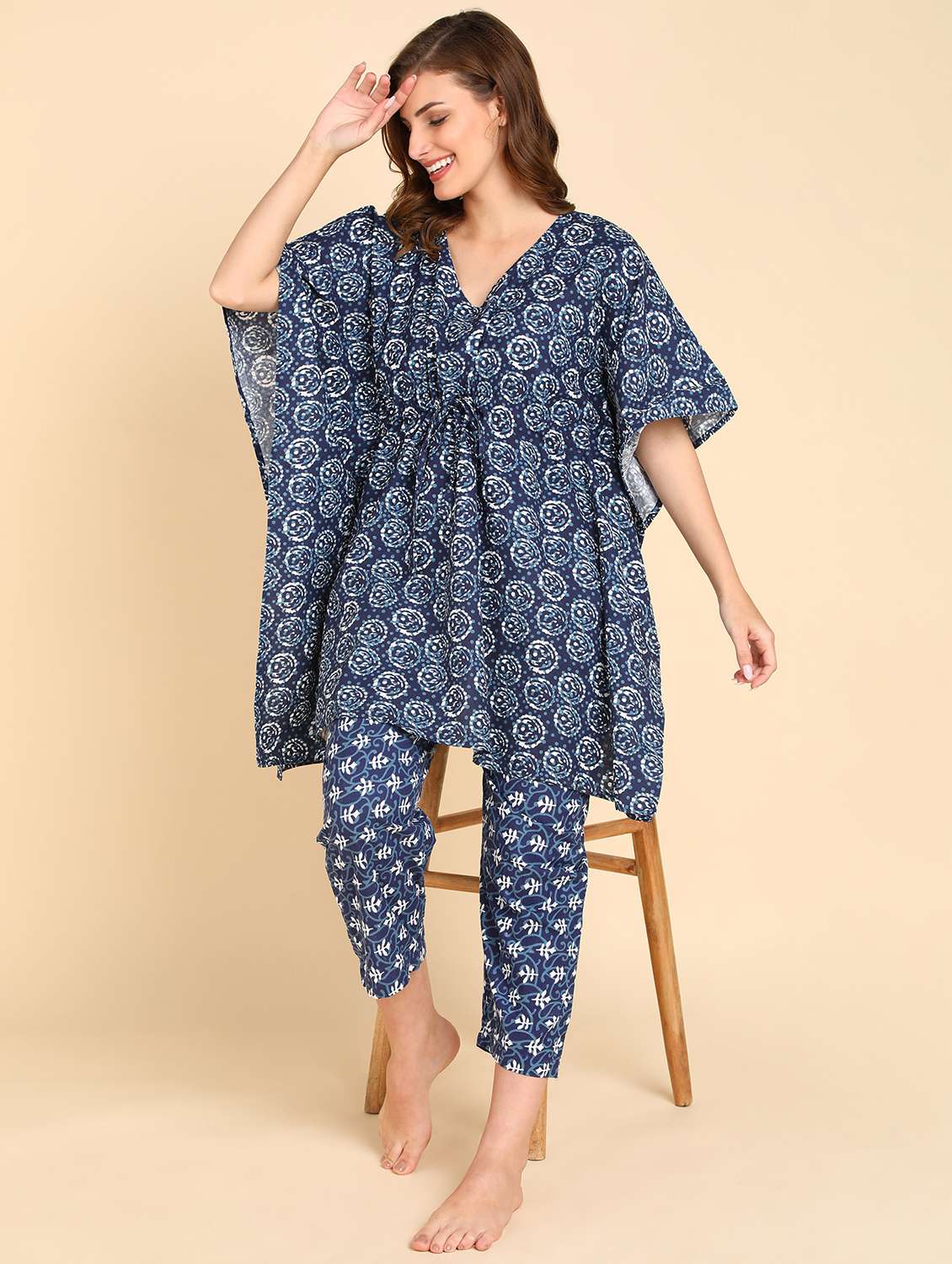 women v-neck printed nightwear set - 21614092 -  Standard Image - 1