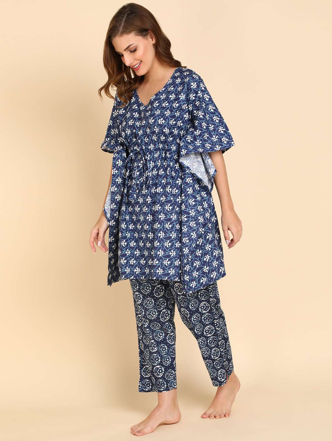 women v-neck printed nightwear set - 21614093 -  Standard Image - 1