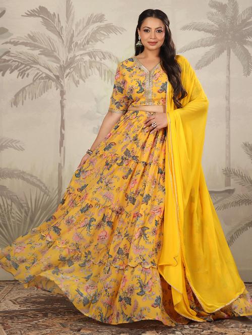 women yellow floral printed flared stitched lehenga - 21617160 -  Standard Image - 0