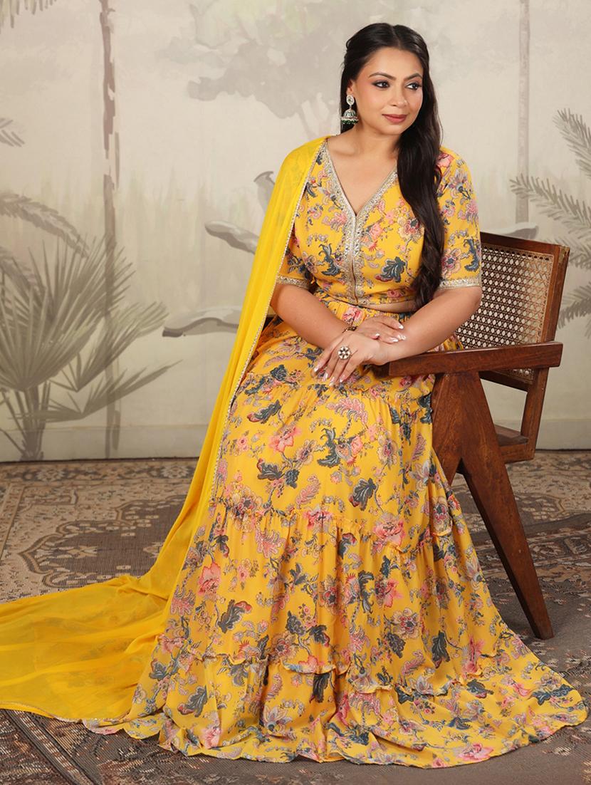 women yellow floral printed flared stitched lehenga - 21617160 -  Standard Image - 1