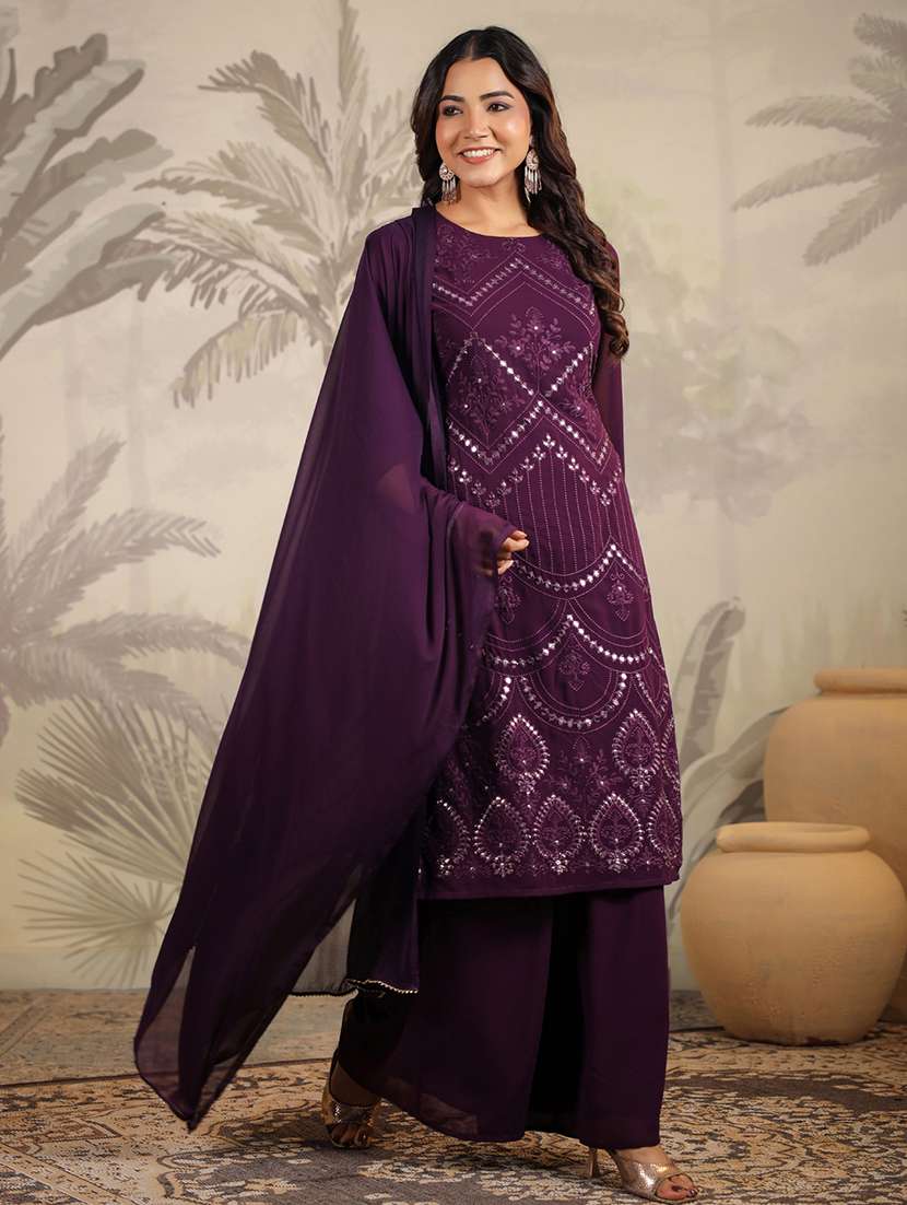 women embroidered three quarter sleeve kurta palazzo set