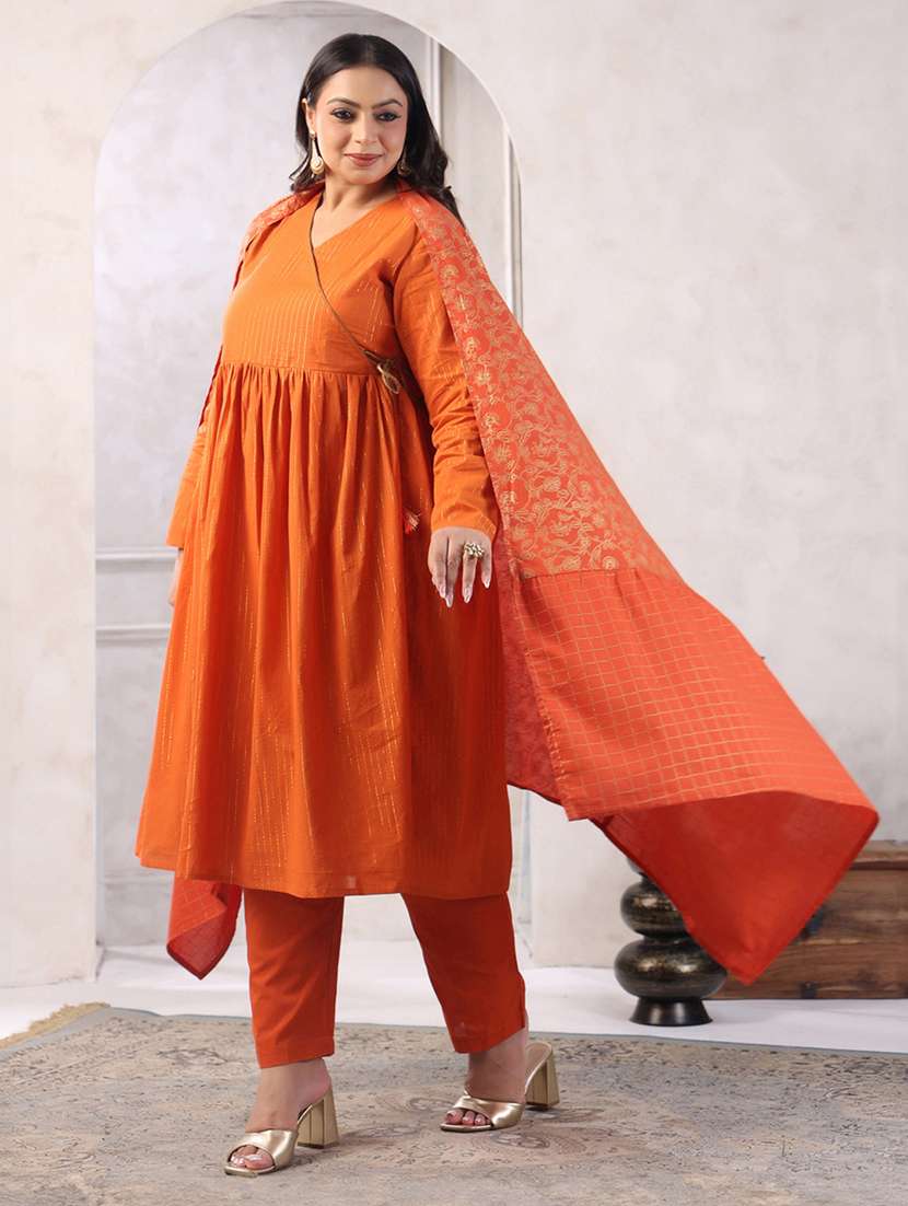 women orange striped long sleeve kurta pant set with dupatta  - 21617183 -  Standard Image - 1