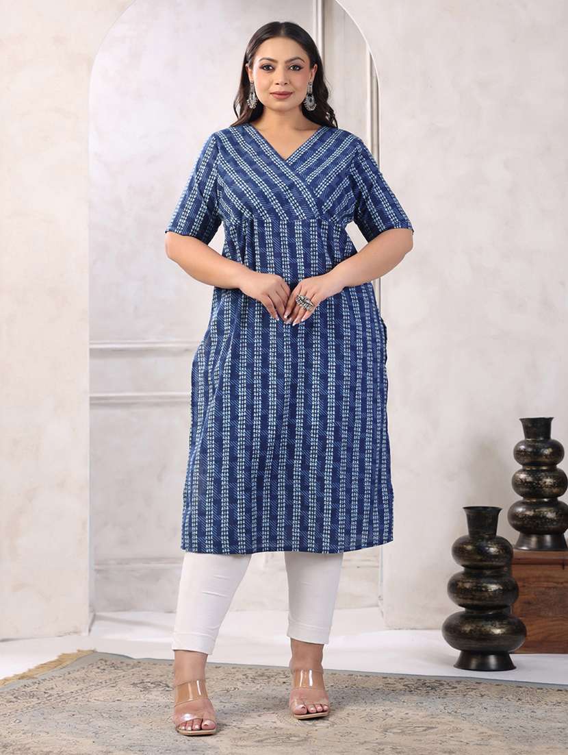 women blue elbow sleeve straight kurta 