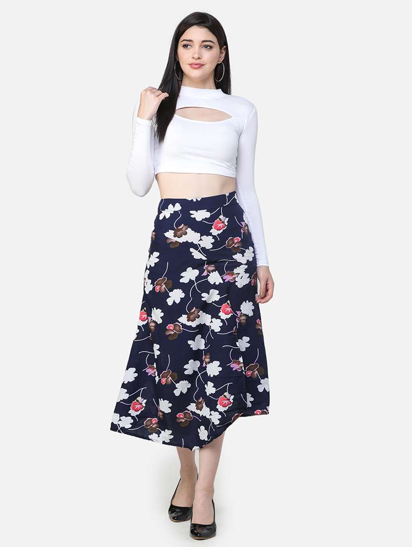 women navy blue floral printed a-line skirt - 21617228 -  Standard Image - 4