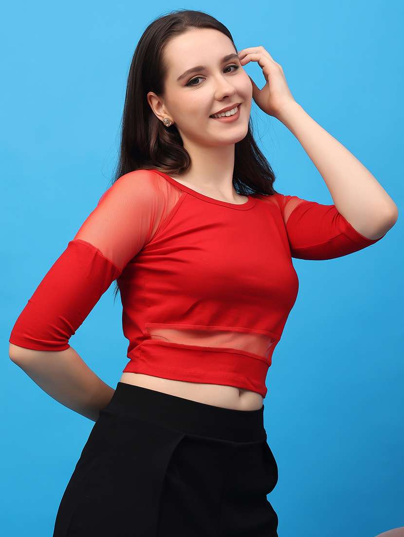 women solid detailed round neck crop top - 21617264 -  Standard Image - 1