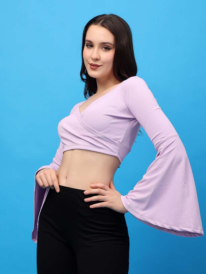 women solid long sleeves crop top - 21617276 - Standard Image - 1