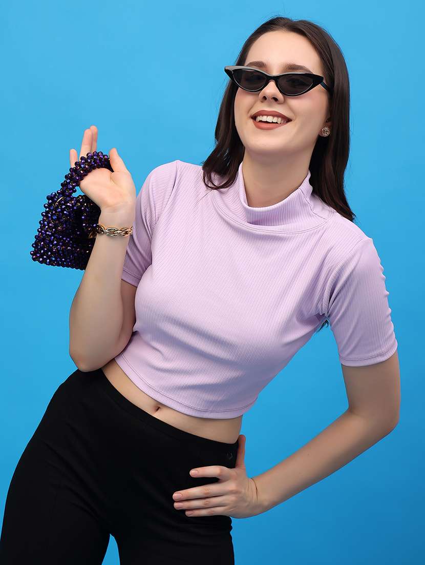 women solid short sleeves crop top - 21617277 -  Standard Image - 1