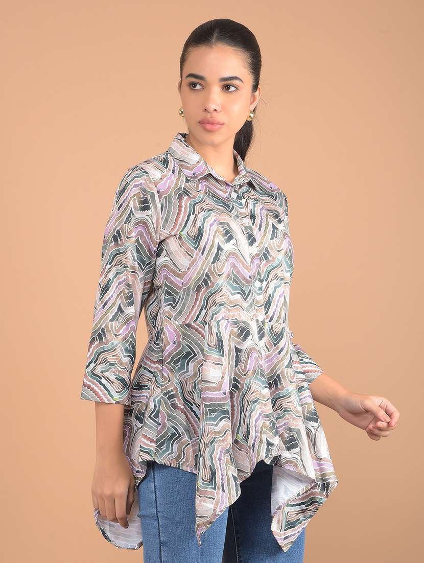 women printed collared asymmetric shirt