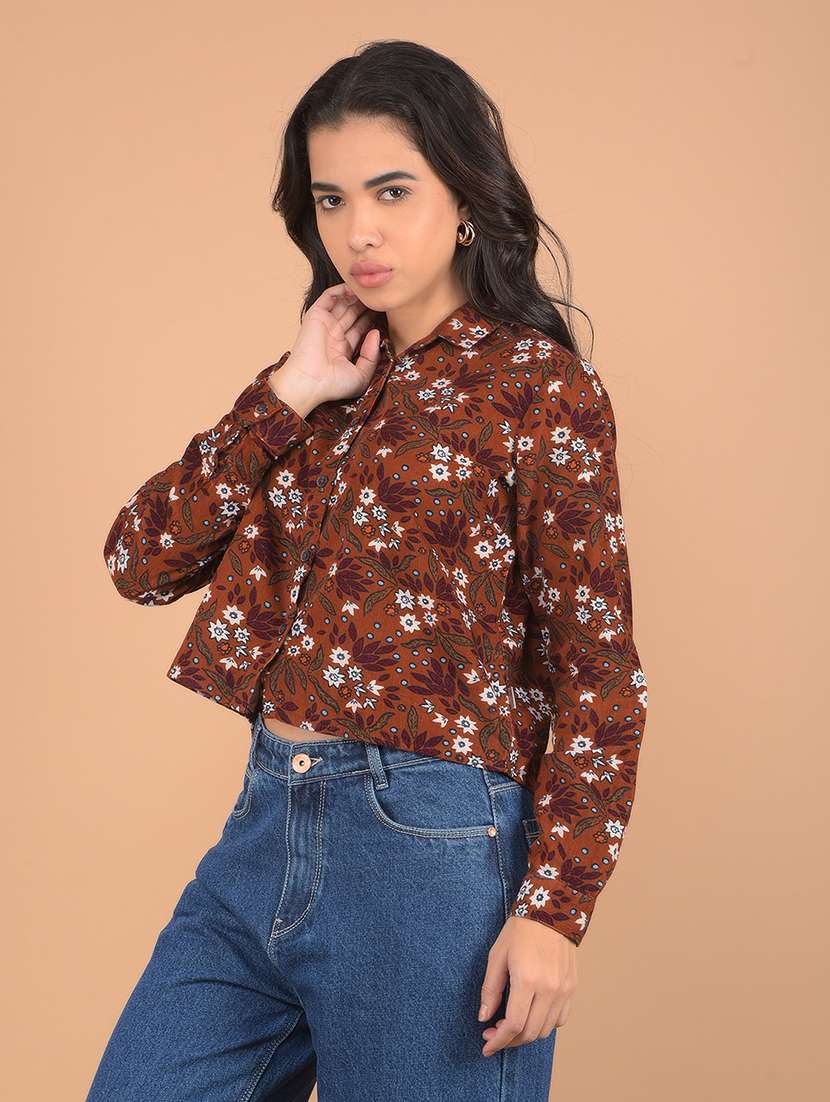 women brown floral printed crop shirt