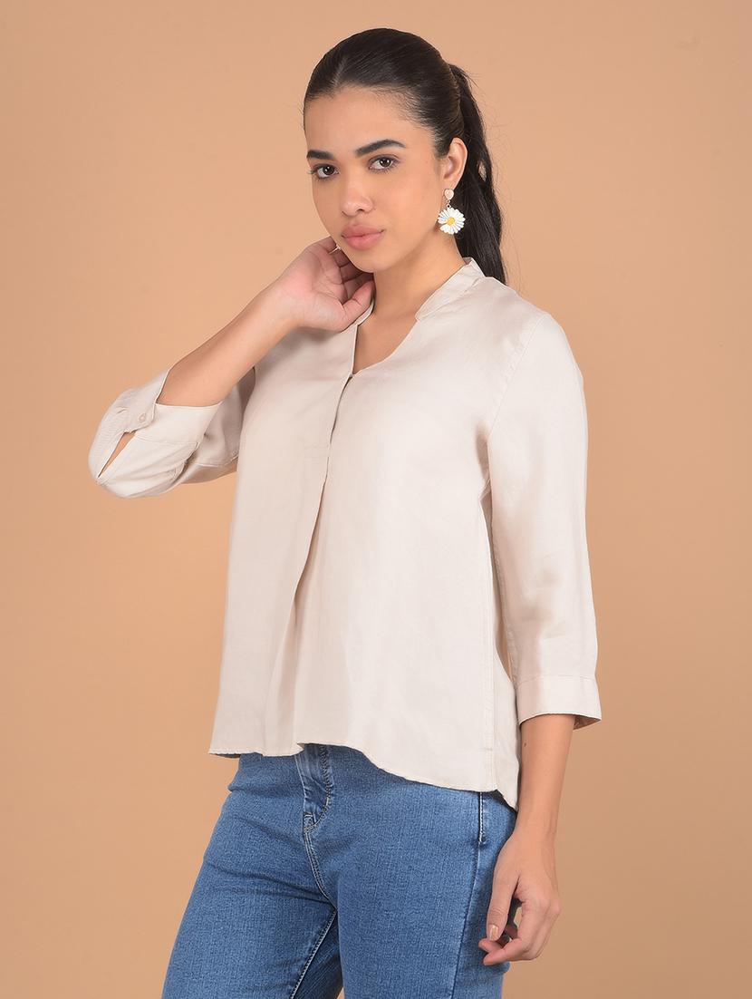 women beige solid regular top - 21617426 - Standard Image - 1