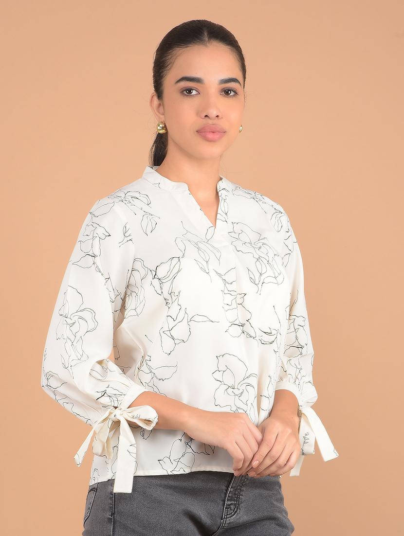 women printed mandarin collar top - 21617428 - Zoom Image - 0