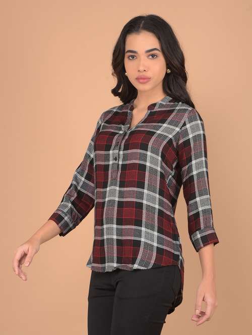 women checked printed three quarter sleeves top - 21617432 - Standard Image - 0