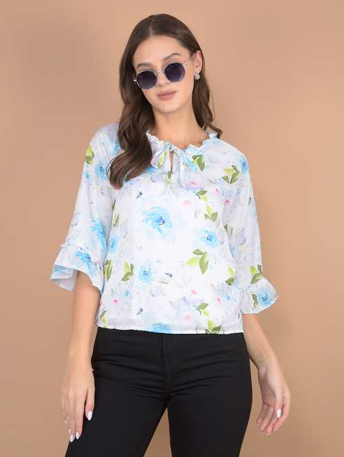 women floral printed tie up neck top - 21617444 -  Standard Image - 0