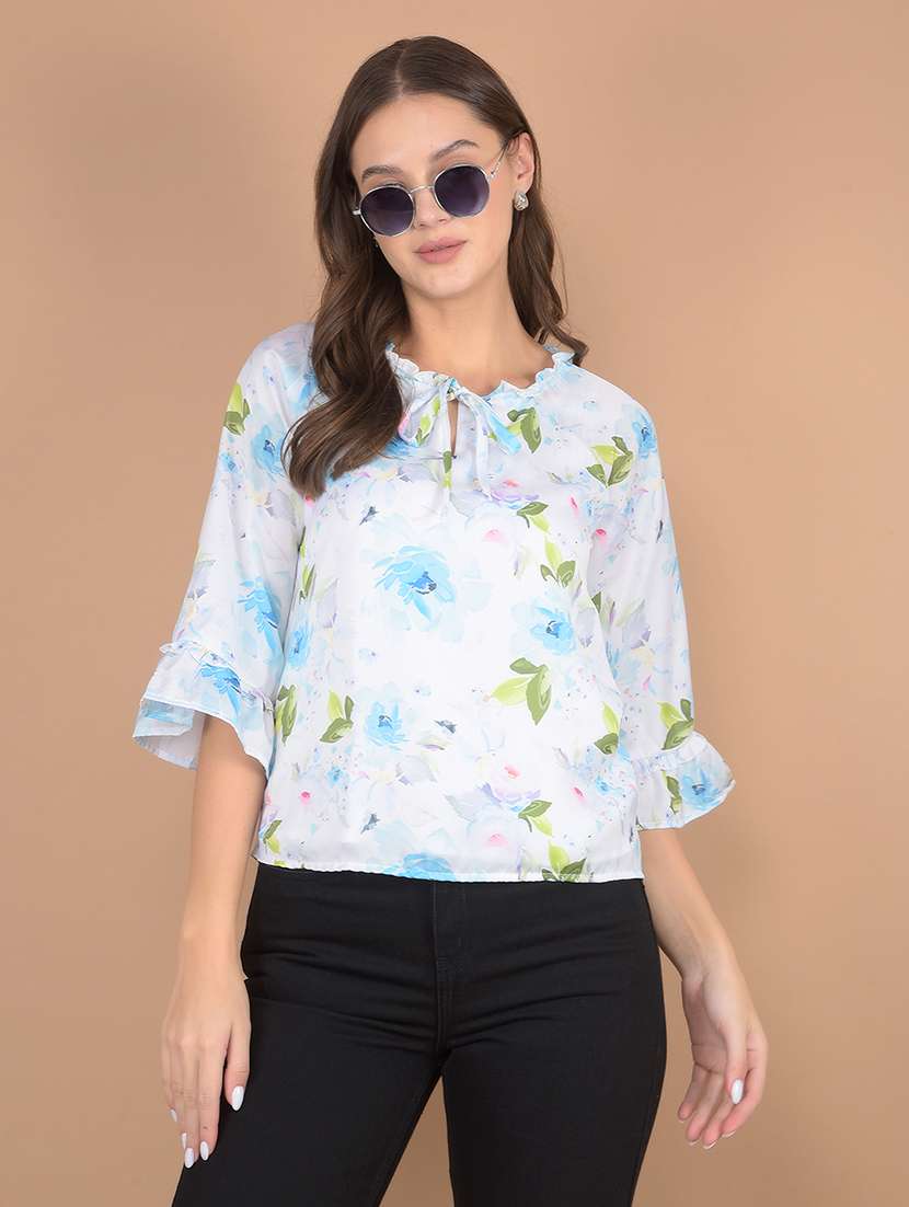 women floral printed tie up neck top