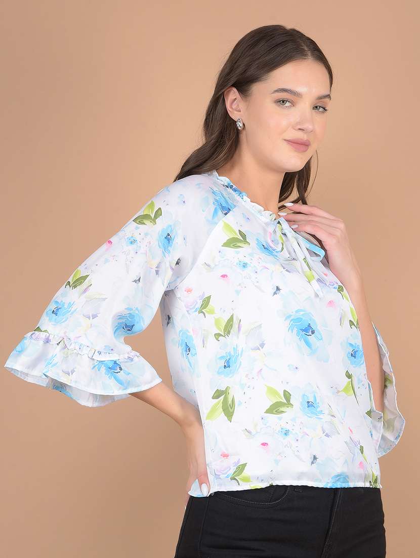 women floral printed tie up neck top - 21617444 -  Standard Image - 1