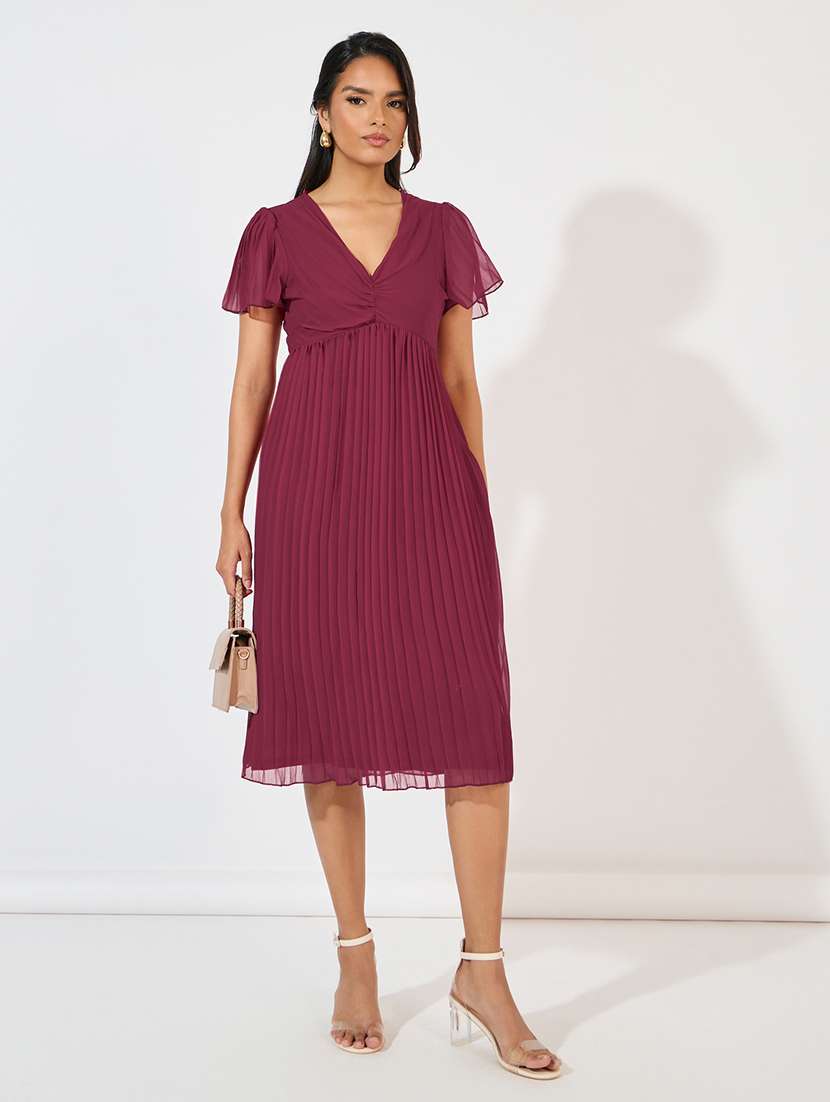 women solid v neck a-line dress - 21618069 -  Standard Image - 1