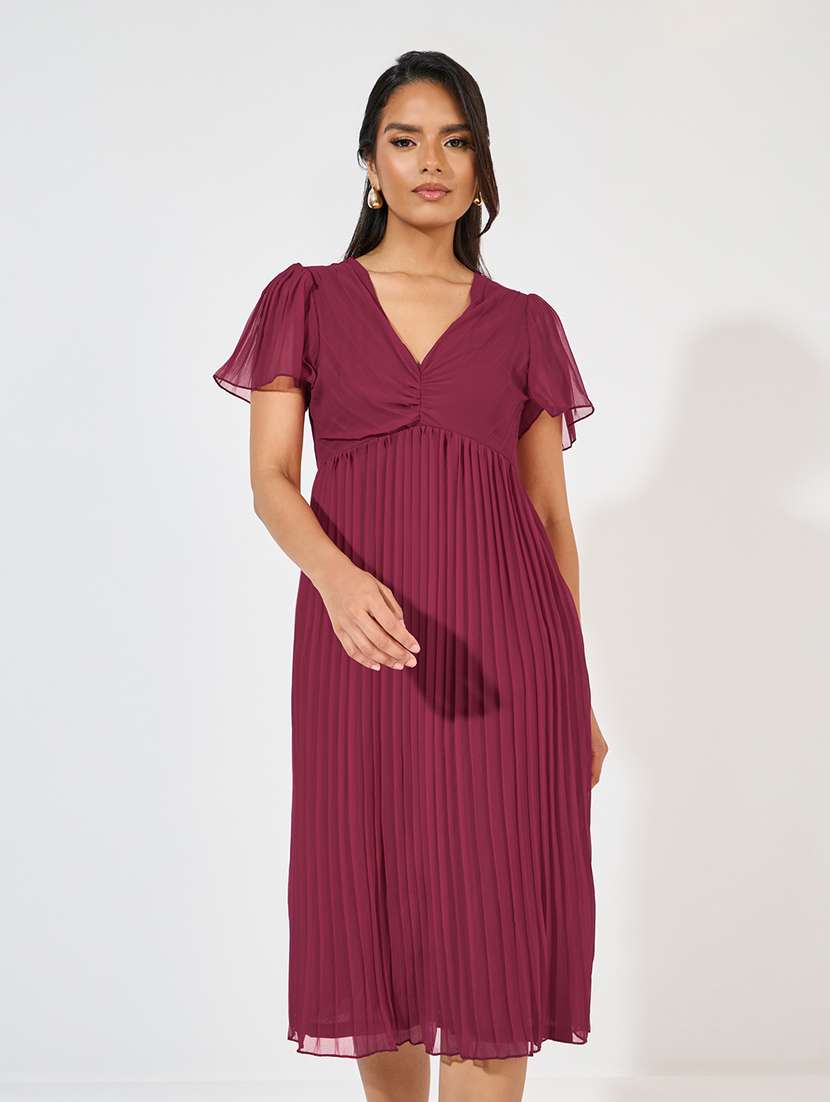 women solid v neck a-line dress - 21618069 -  Standard Image - 4