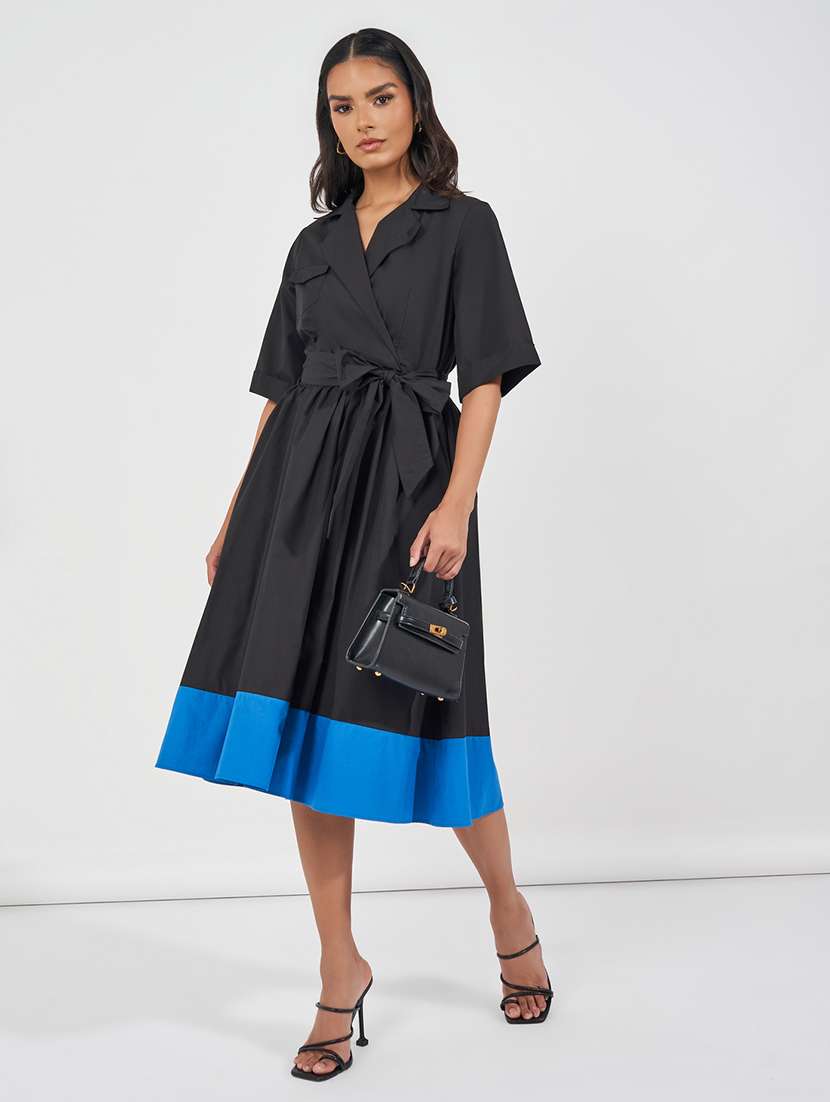 women black solid short sleeve wrap dress