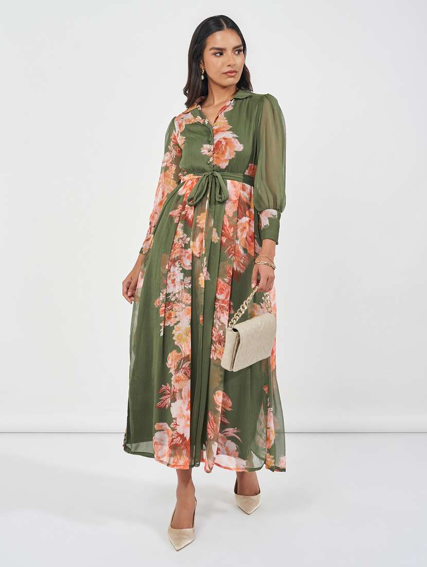 women green floral printed a-line dress