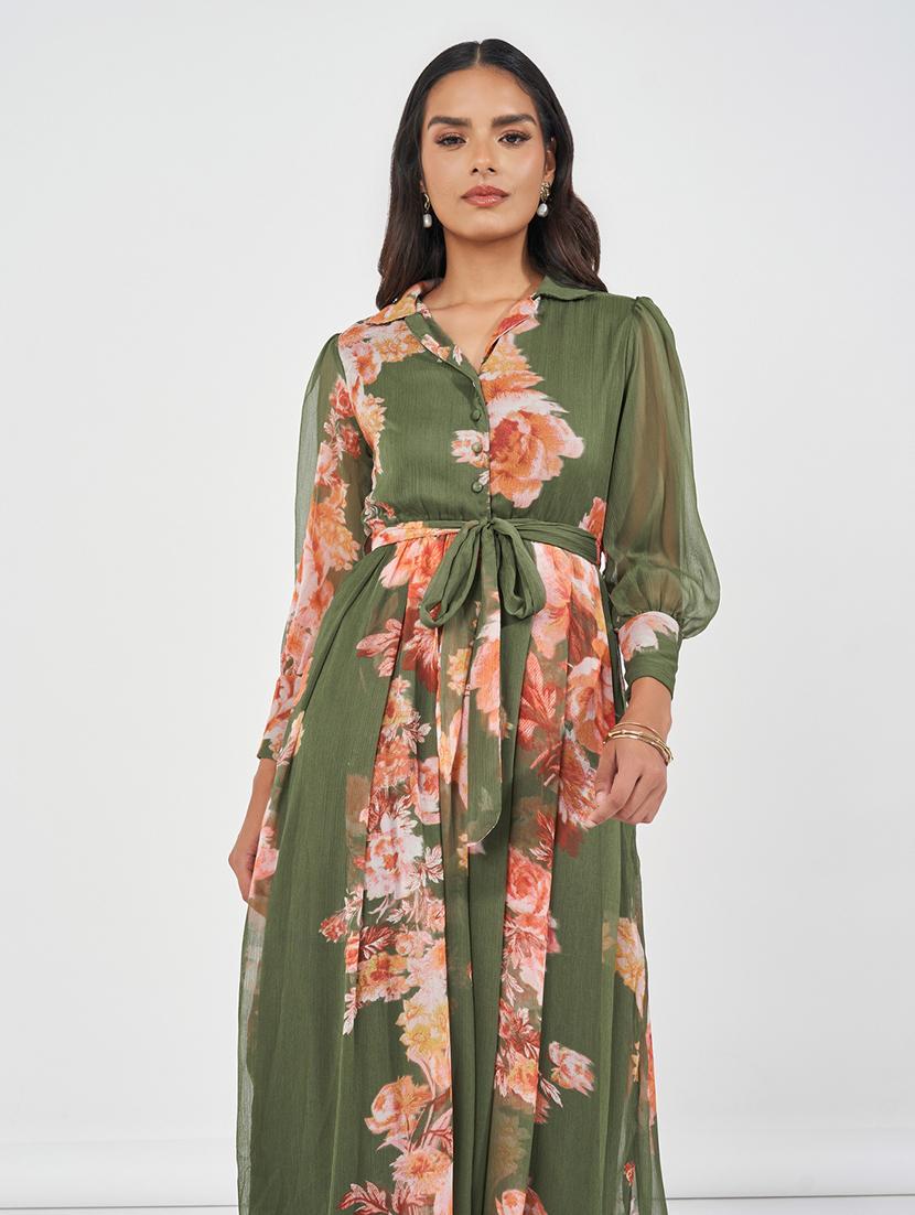 women green floral printed a-line dress - 21618079 - Standard Image - 4