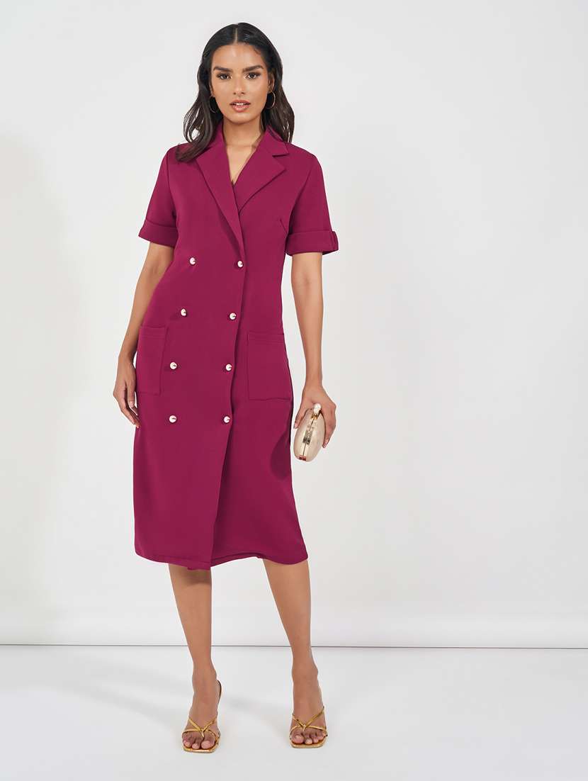 women magenta solid short sleeve coat dress