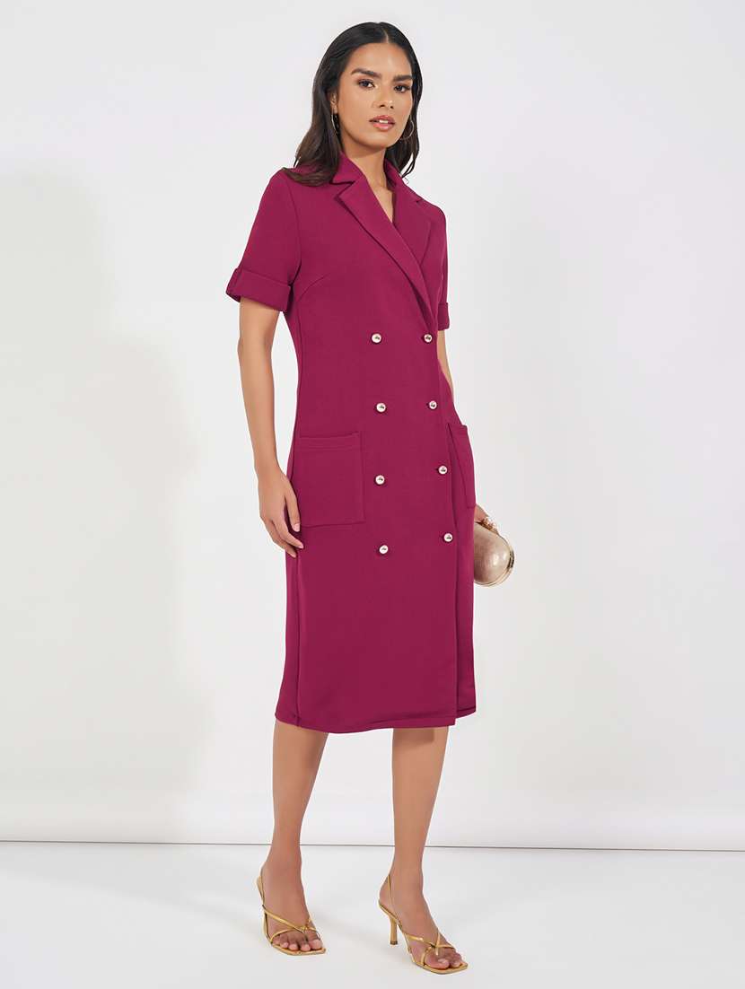 women magenta solid short sleeve coat dress - 21618083 -  Standard Image - 1