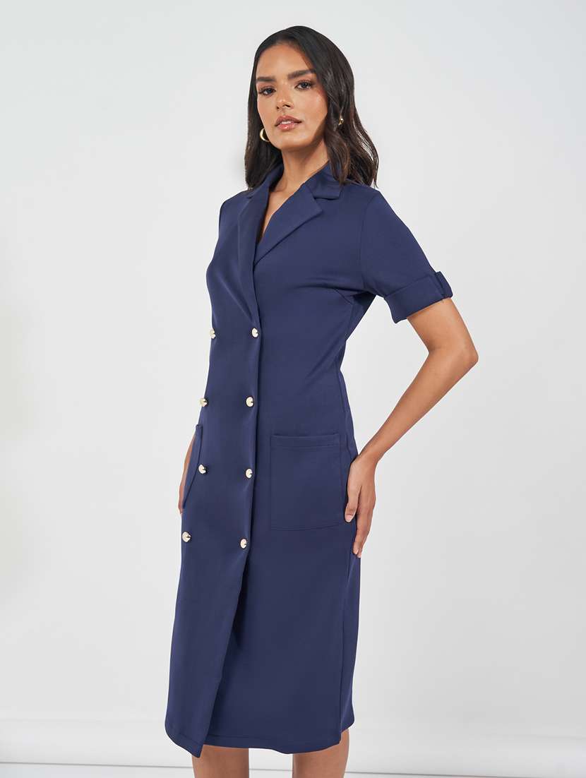 women navy blue solid short sleeve coat dress - 21618084 -  Standard Image - 4