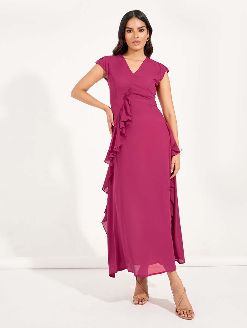 women burgundy solid a-line dress - 21618093 - Standard Image - 1