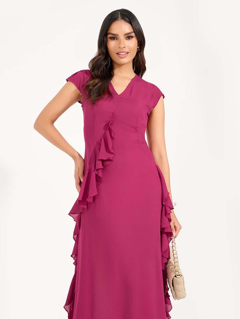 women burgundy solid a-line dress - 21618093 - Standard Image - 4