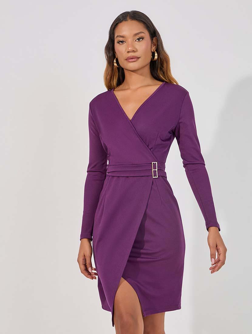 women purple solid wrap dress - 21618106 - Standard Image - 1