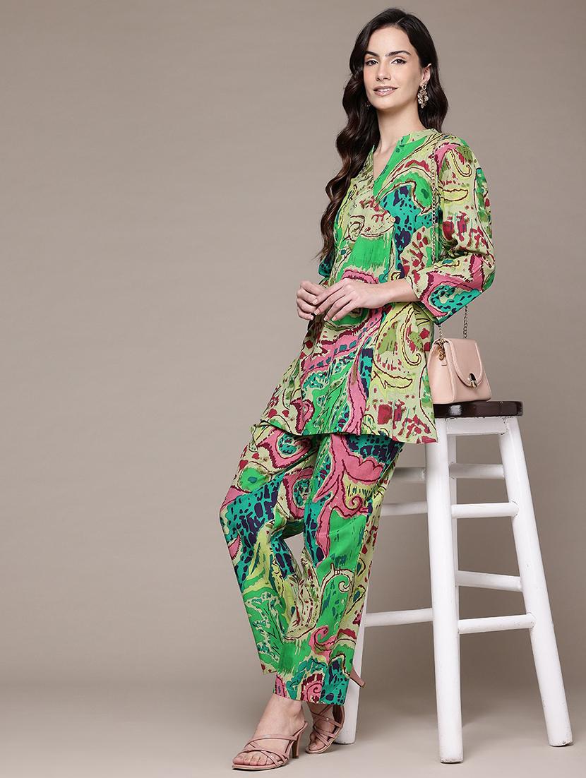 women printed mandarin neck co-ord sets - 21618611 - Standard Image - 1