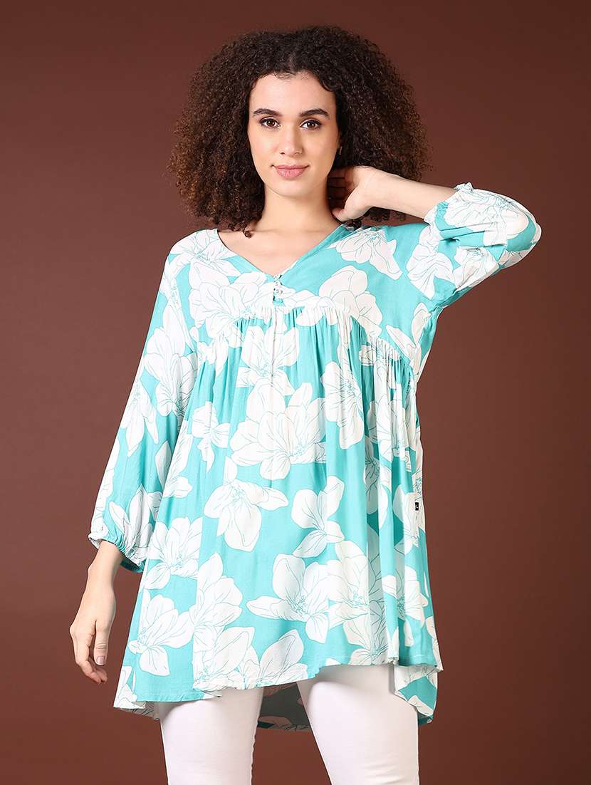 women floral printed v neck flared kurti