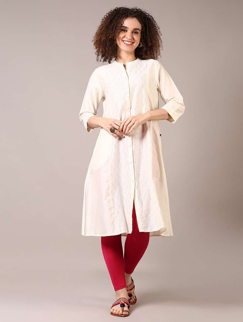 women solid mandarin neck a-line kurta