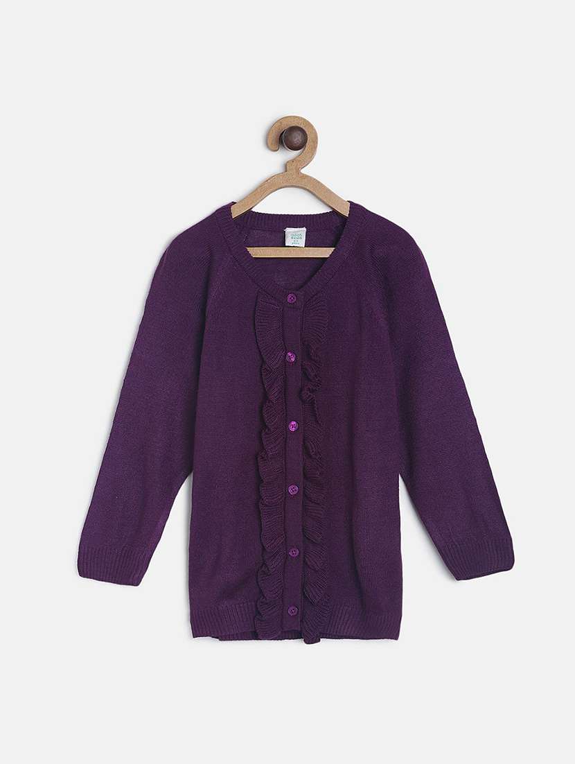 girls self design round neck cardigan