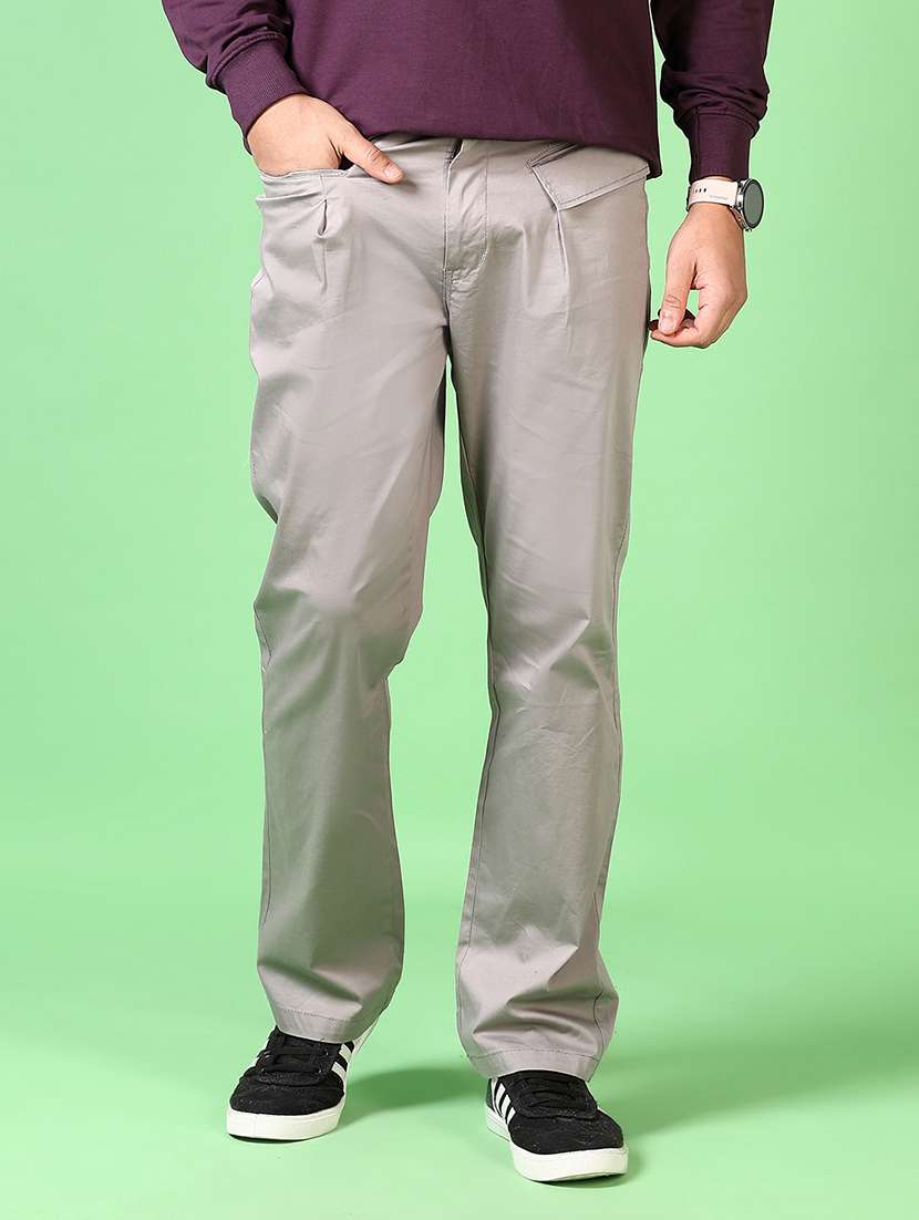 men grey solid flat front casual trouser - 21620628 -  Standard Image - 1