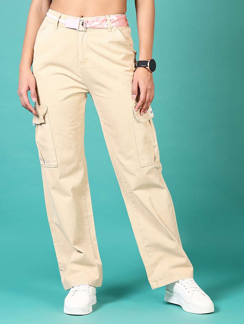 women beige solid high rise cargo