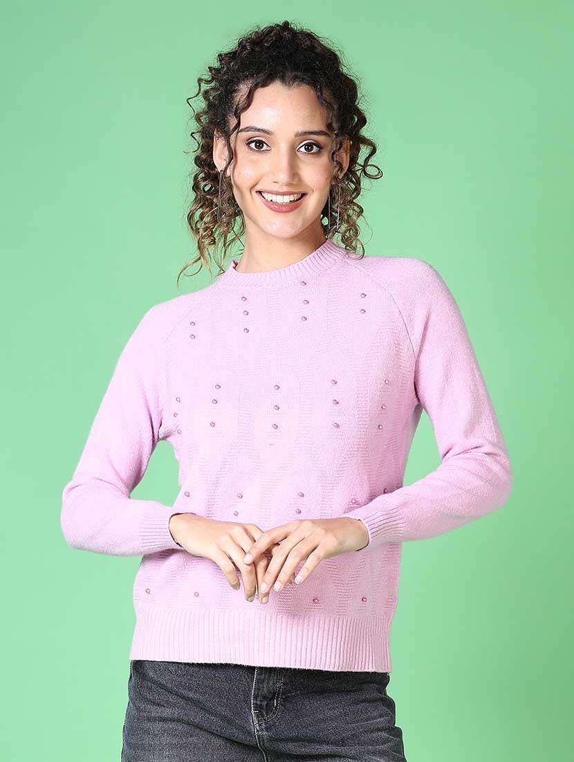 women pearl embellished long sleeve pullover