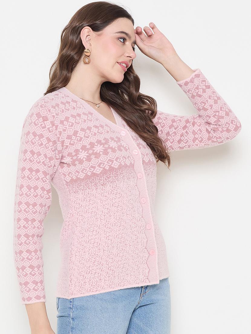 women self design pink woolen cardigan - 21620839 - Standard Image - 1