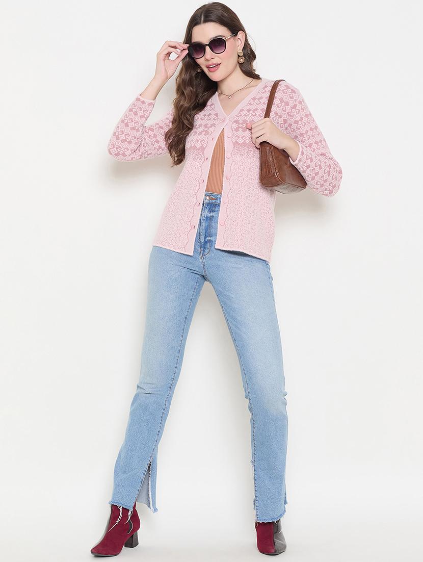 women self design pink woolen cardigan - 21620839 - Standard Image - 4