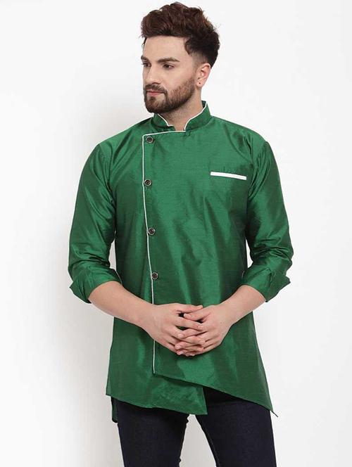 men overlap neck solid asymmetric kurta - 21620970 -  Standard Image - 0