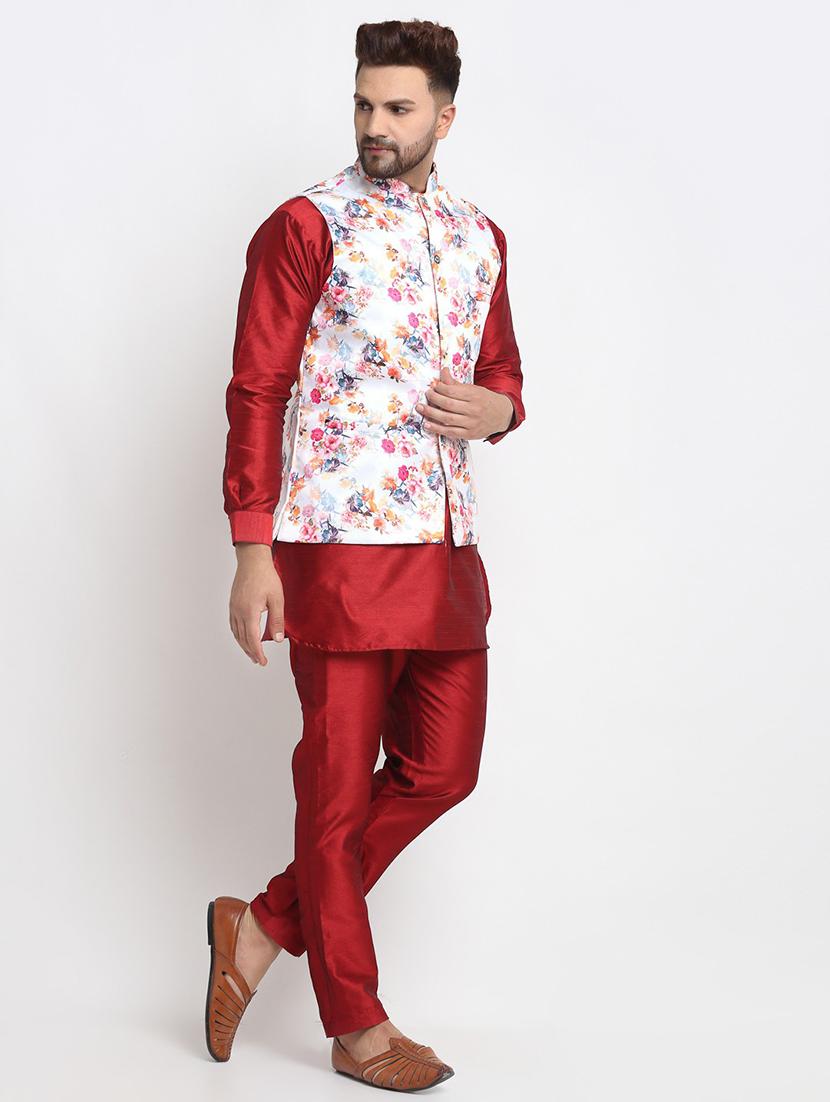 maroon silk blend kurta pyjama with jacket ethnic wear set - 21621380 - Standard Image - 1