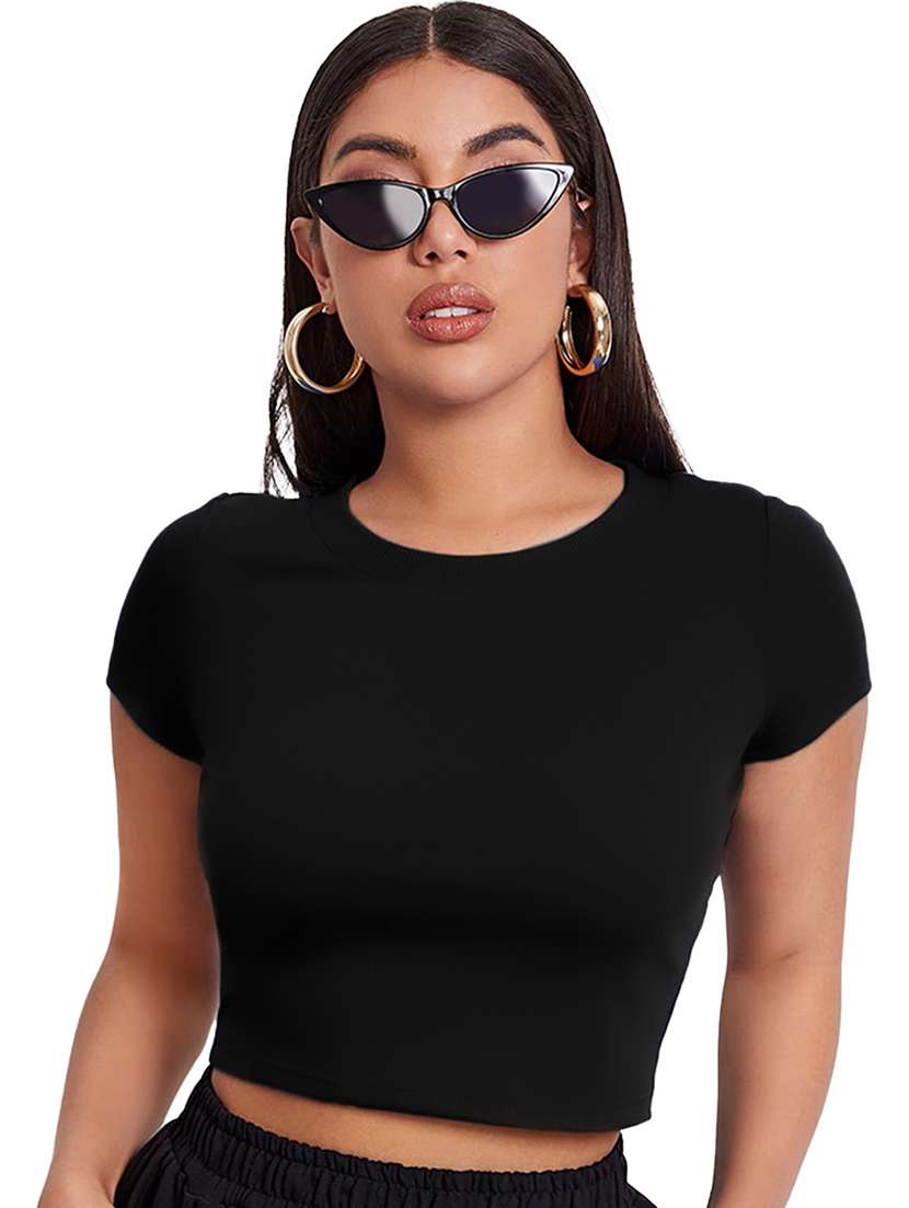 women solid short sleeve crop top - 21622058 - Zoom Image - 0